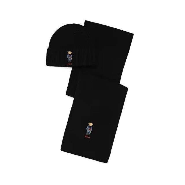 Denim Jeans Bear Wool Muffler Beanie Set Black Common