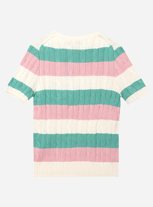 STRIPED CABLE KNIT SHORT SLEEVE SWEATER