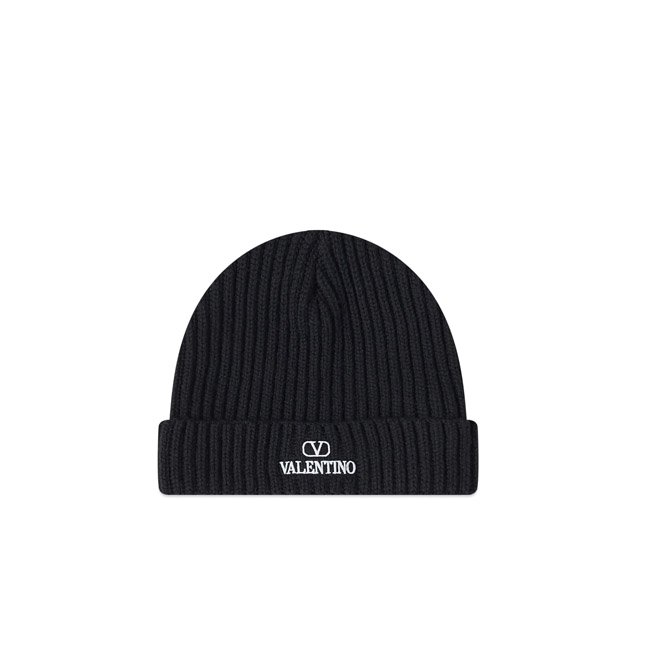 Valentino Logo Turn-Up Rib Beanie Black