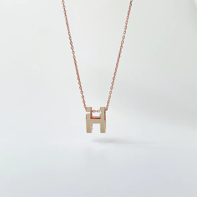 HERMES POP H NECKLACE IN MARRON GLACE AND ROSE GOLD