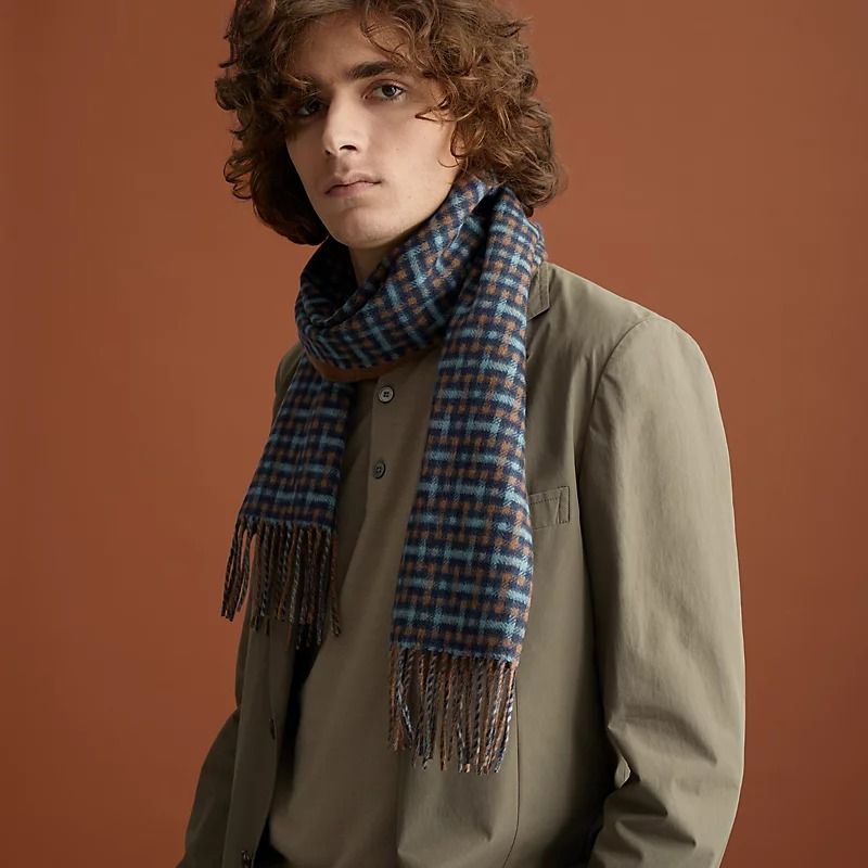 Hermes H Ecossais Recto Verso Muffler Marine Noisette Brume