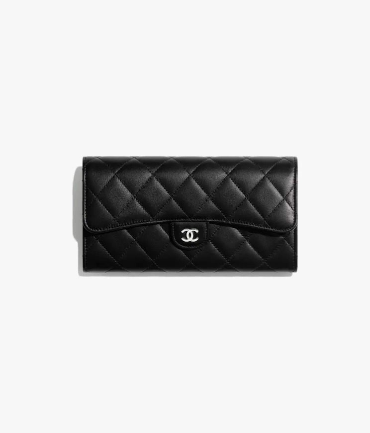 Chanel Classic Long Flap Wallet Grained Calfskin & Silver Black