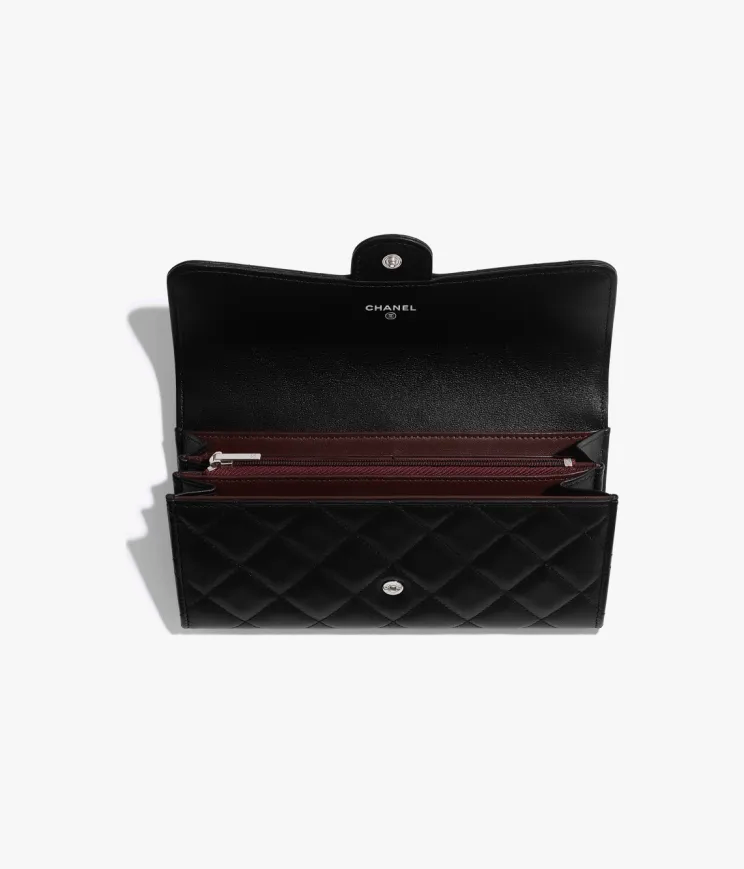 Chanel Classic Long Flap Wallet Grained Calfskin & Silver Black