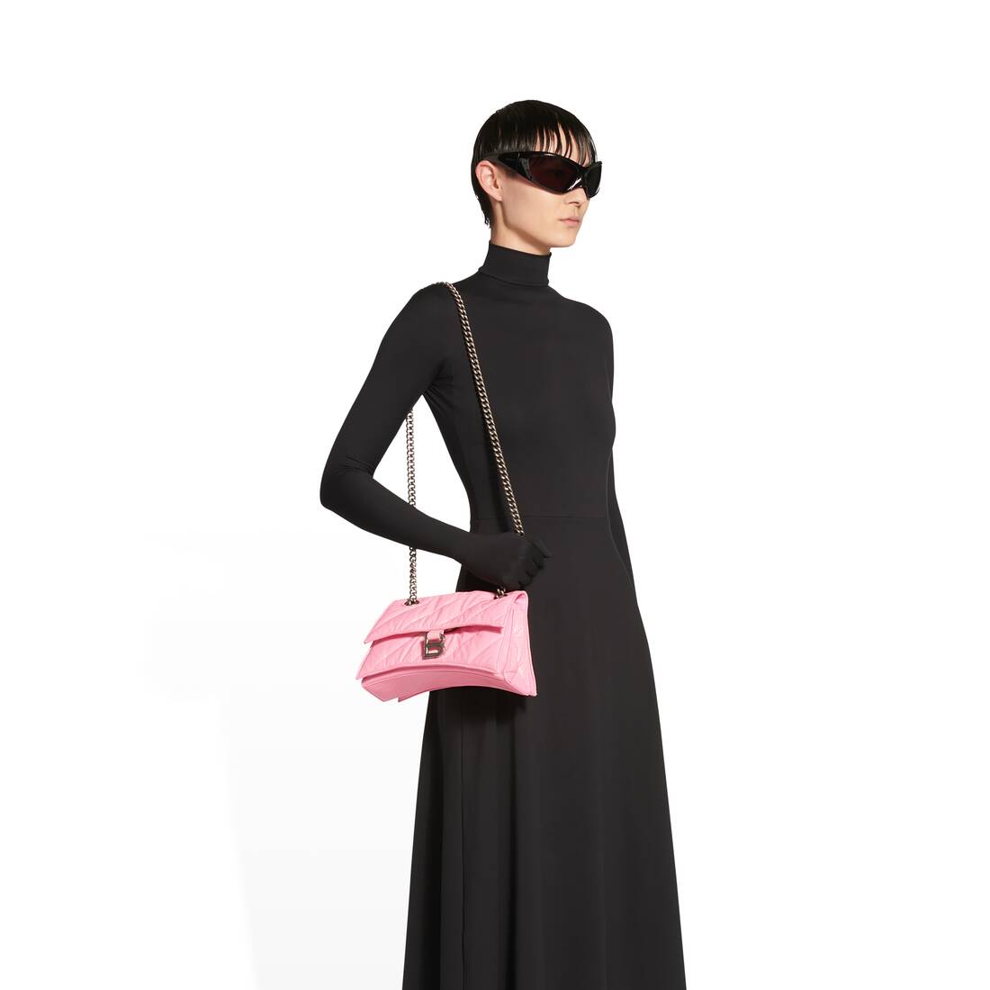 Small Chain Bag in Pink Crushed Calfskin and Aged Silver Hardware Quilted Crush