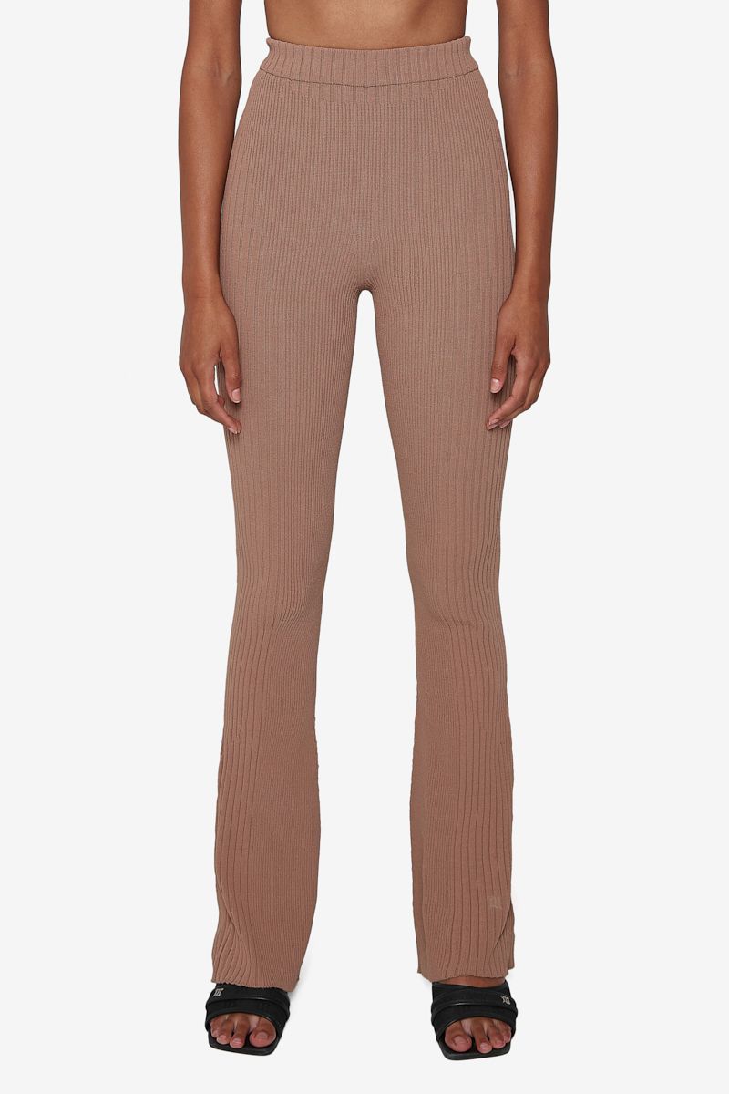Knitted Flared High Waisted Trousers Beige