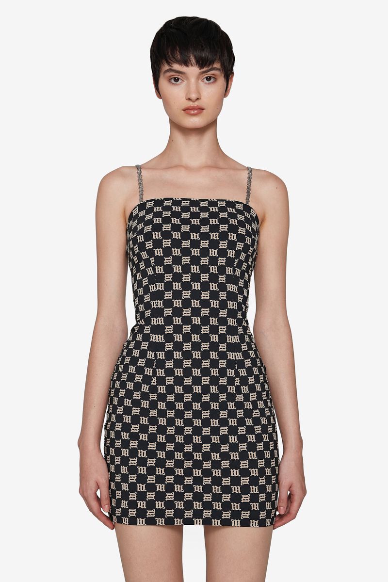 Monogram Spaghetti Mini Dress Black
