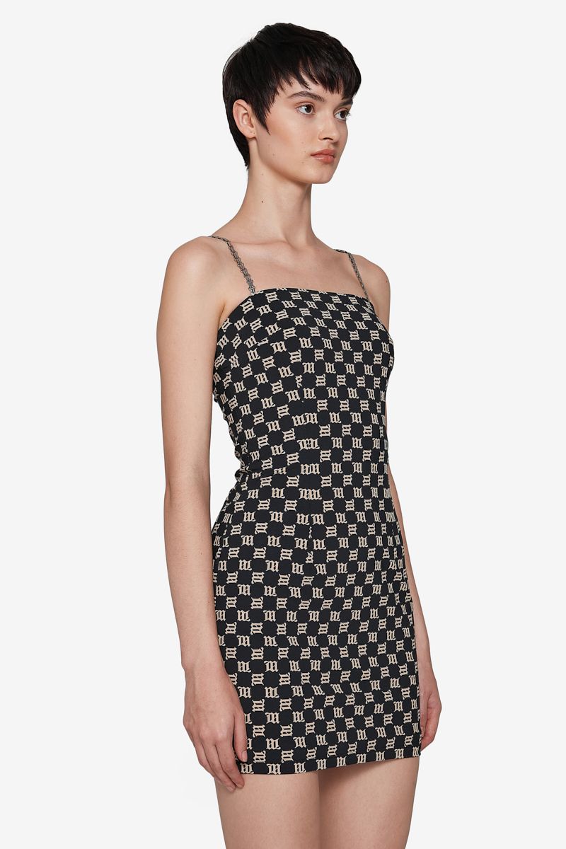 Monogram Spaghetti Mini Dress Black