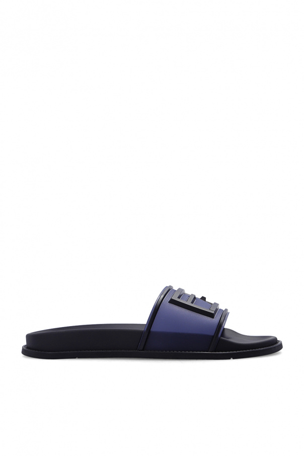 FENDI NAVY BLUE ‘BAGUETTE’ SLIDES WITH LOGO