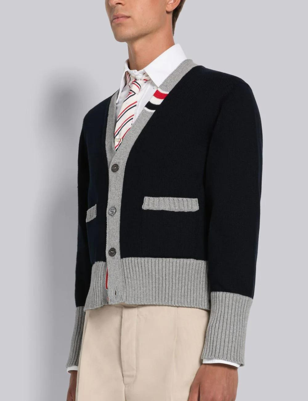 COTTON JERSEY STRIPE V-NECK CARDIGAN
