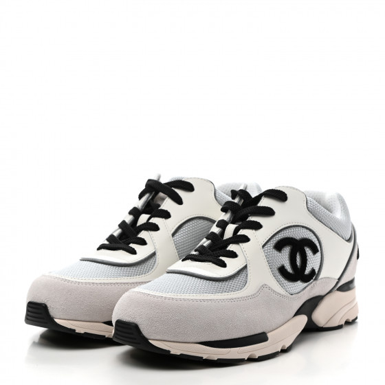 Chanel Sneakers Mesh Suede Calfskin & White Silver Light Gray