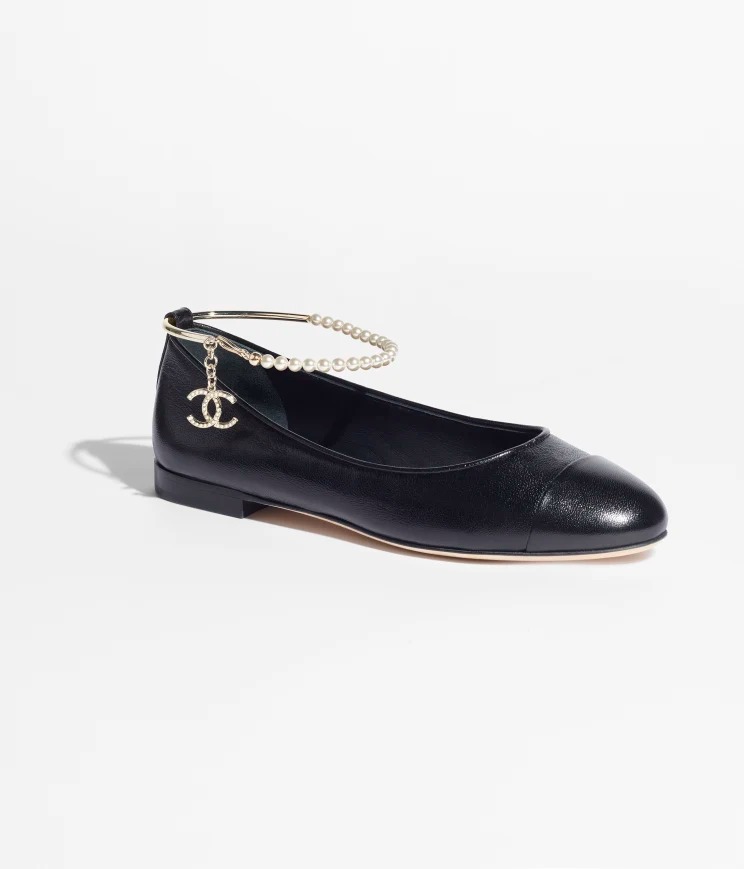 Chanel Ballerina Flat Shiny Lambskin Metal Imitation Pearls & Black