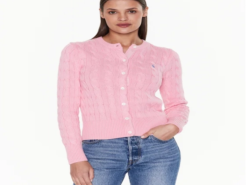 Pony Logo Embroidered Cable Cardigan - Pink 