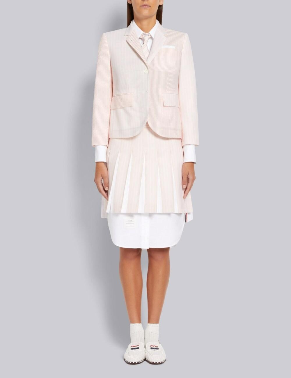 LIGHT PINK HAIRLINE STRIPE TWIST YARN SUITING OXFORD PLEAT DROPPED BACK PLEATED MINI SKIRT