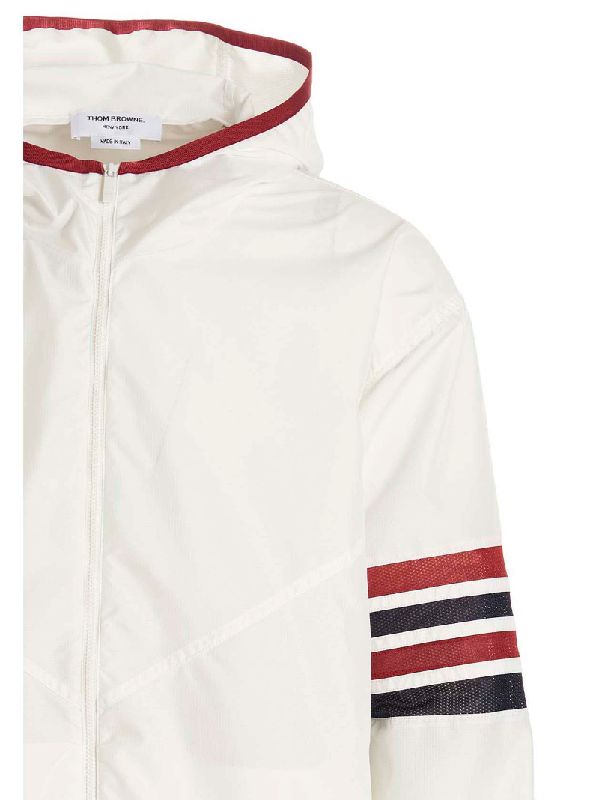 Mesh 4 Bar Stripe Packable Military Ripstop Hood Zip Up - White