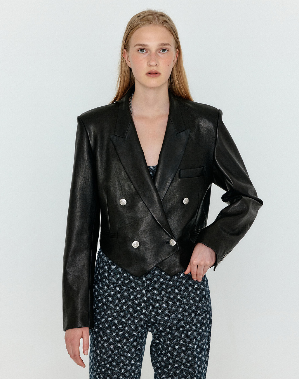 WEM Double-Breasted Short Leather Blazer - Black