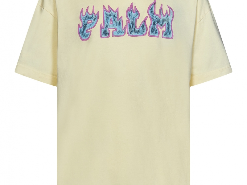 Straw yellow jersey T-shirt with contrasting logo print on front and back.