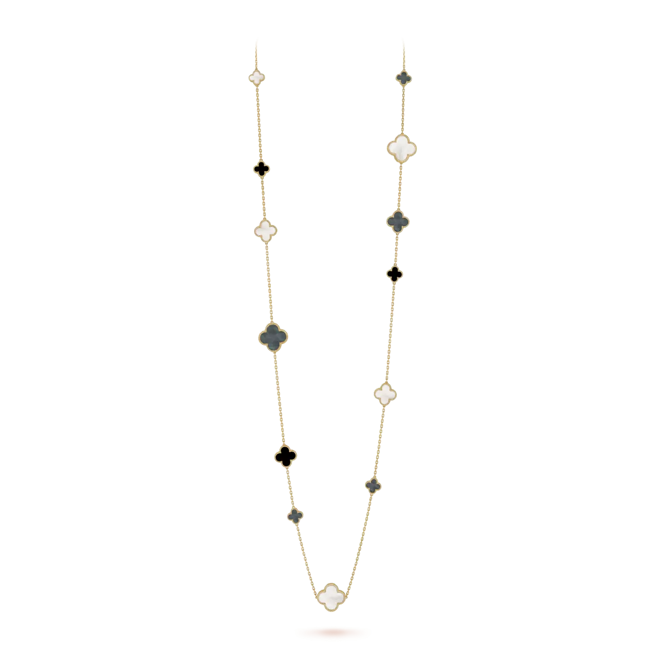 Magic Alhambra long necklace, 16 motifs yellow gold, white and gray mother-of-pearl