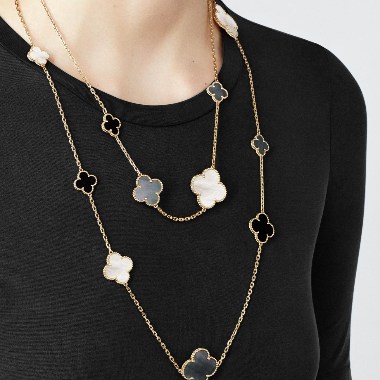 Magic Alhambra long necklace, 16 motifs yellow gold, white and gray mother-of-pearl