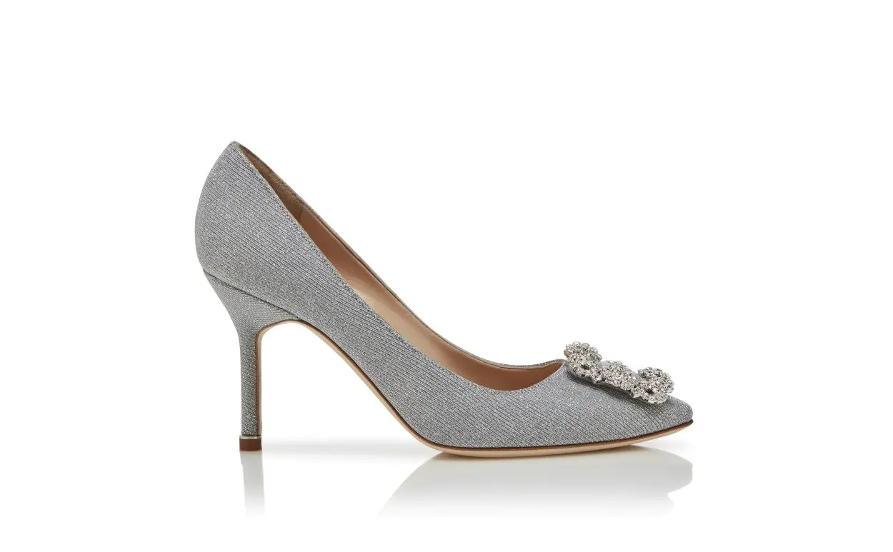 Silver Glitter Fabric Jewel Buckle Pumps