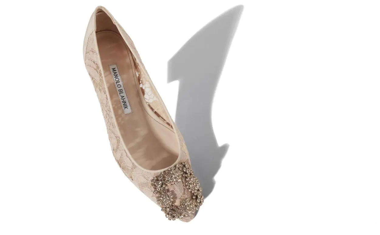 Pink Champagne Lace Jewel Buckle Flat Shoes
