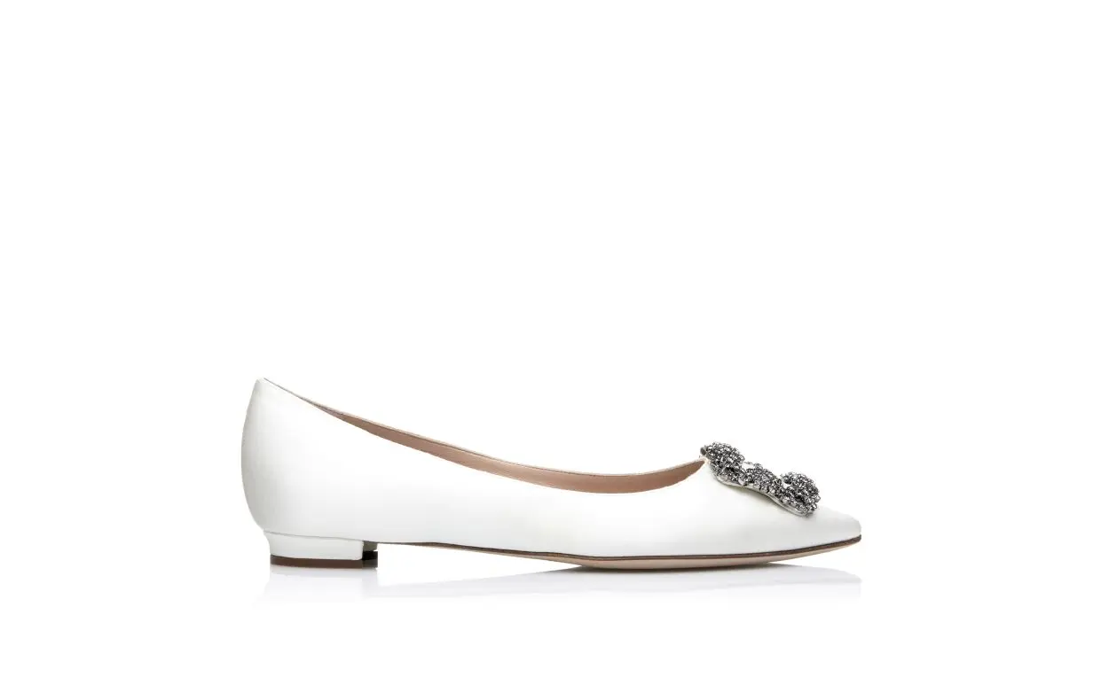 White Satin Jewel Buckle Flats