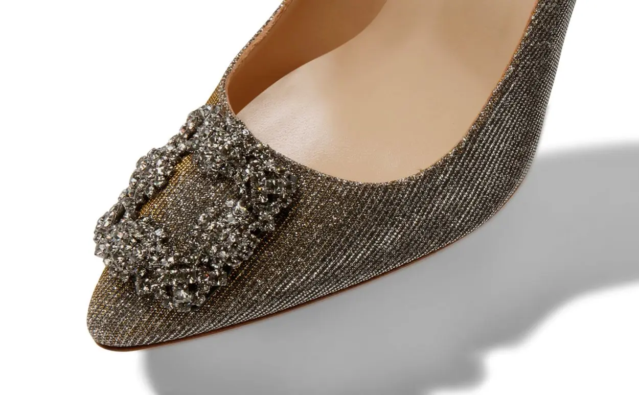 Gold Glitter Fabric Jewel Buckle Pumps