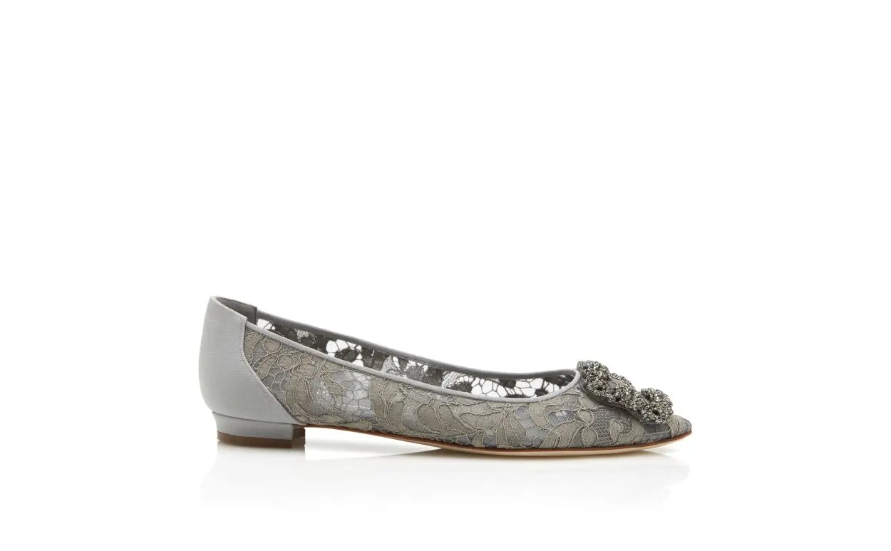 HANGISIFLAT LACE Grey Lace Jewel Buckle Flat Shoes