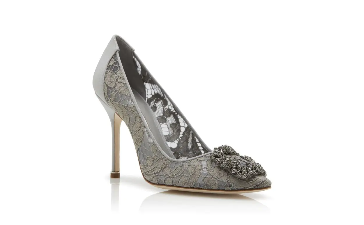 HANGISI LACE Grey Lace Jewel Buckle Pumps