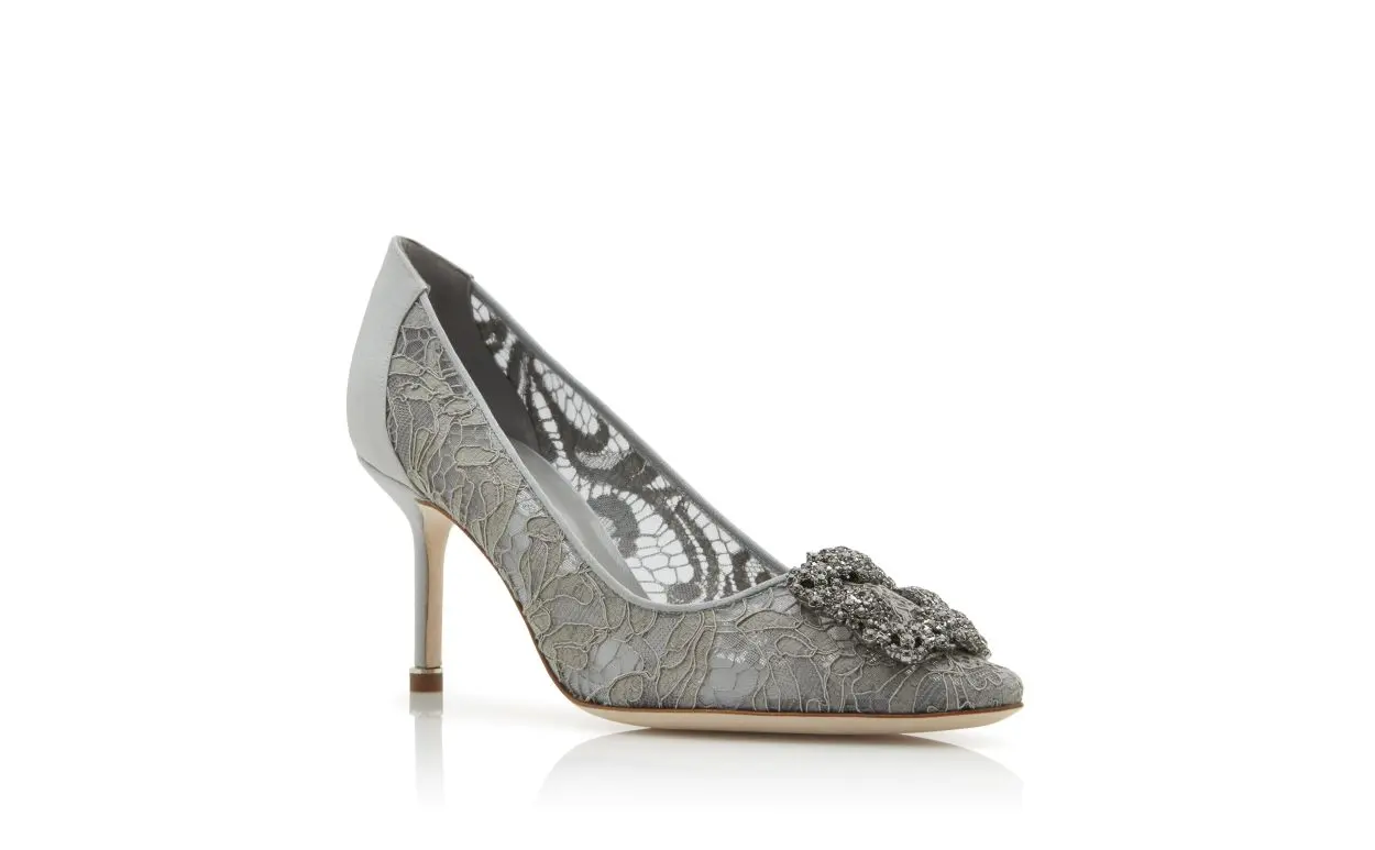 HANGISI LACE 70 Grey Lace Jewel Buckled Pumps