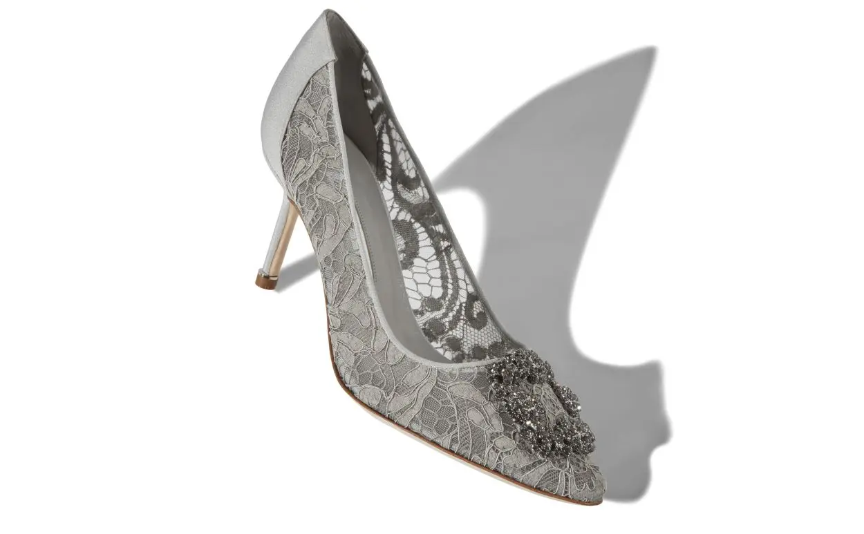 HANGISI LACE 70 Grey Lace Jewel Buckled Pumps