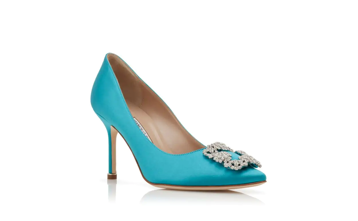 HANGISI 90 Turquoise Satin Jewel Buckle Pumps