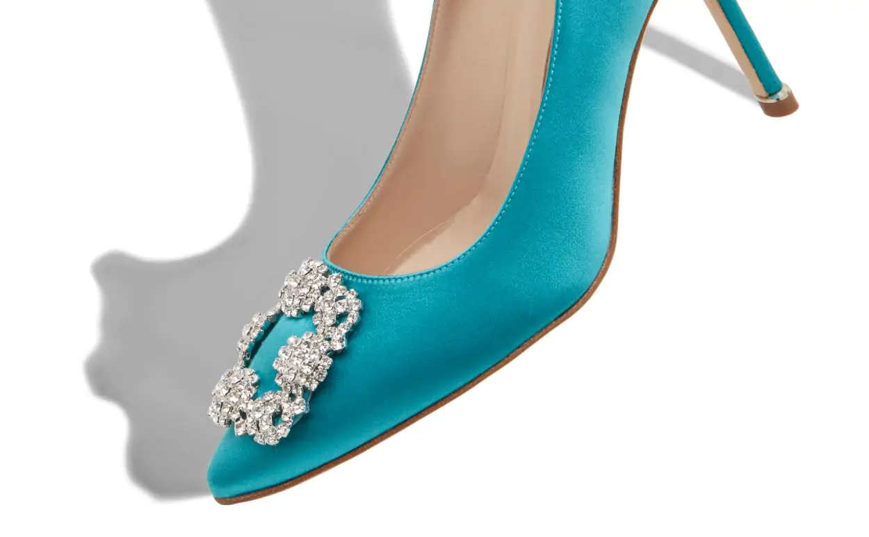 HANGISI 90 Turquoise Satin Jewel Buckle Pumps