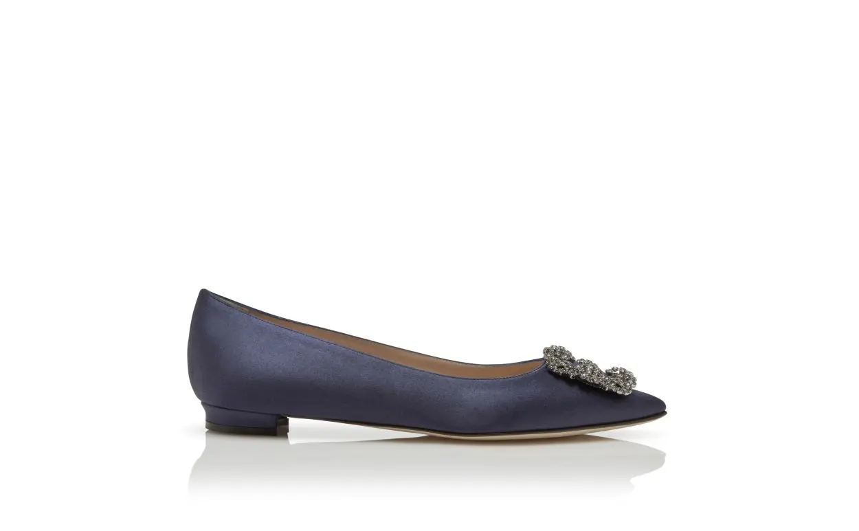 HANGISIFLAT Navy Satin Jewel Buckle Flat Shoes
