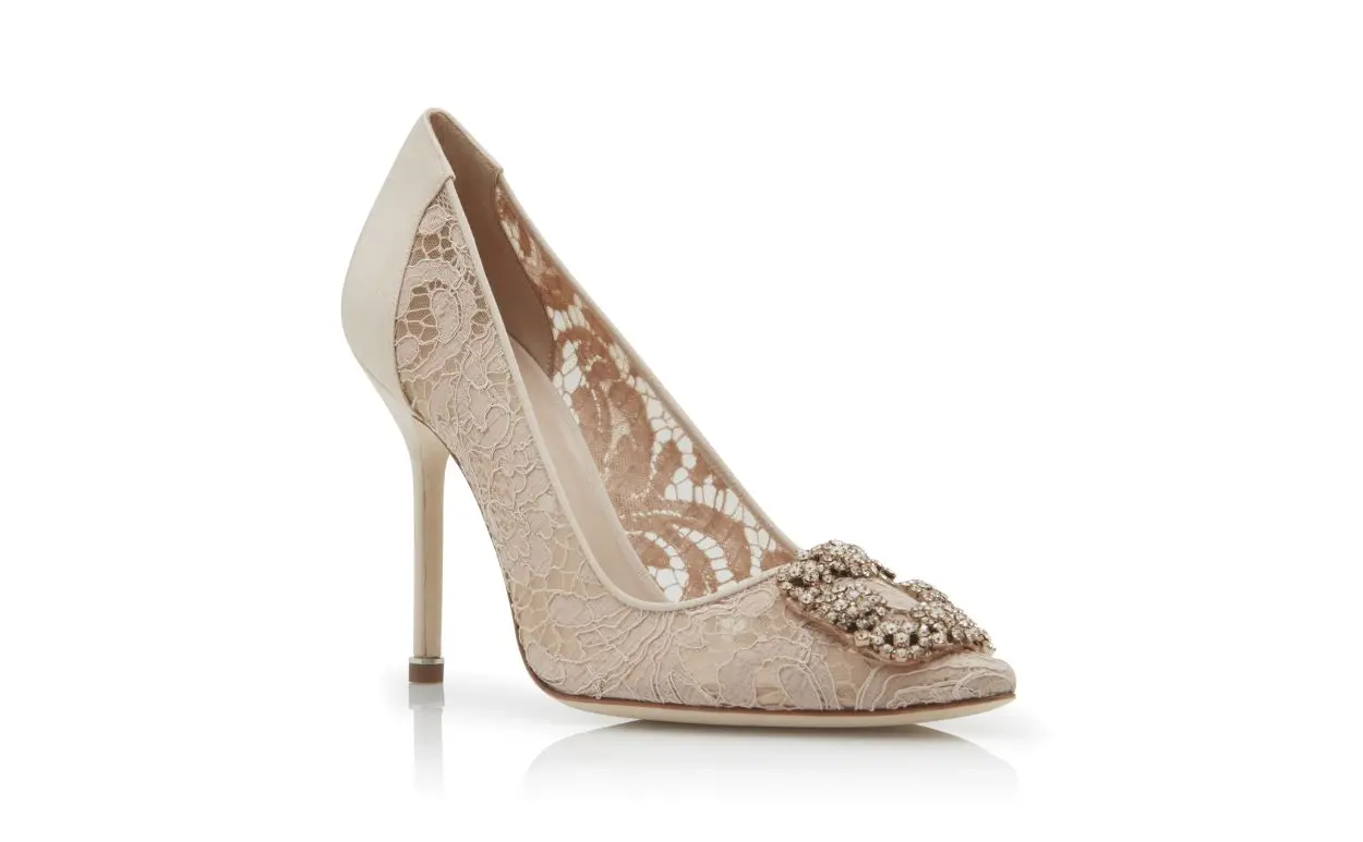 HANGISI LACE Pink Champagne Lace Jewel Buckle Pumps