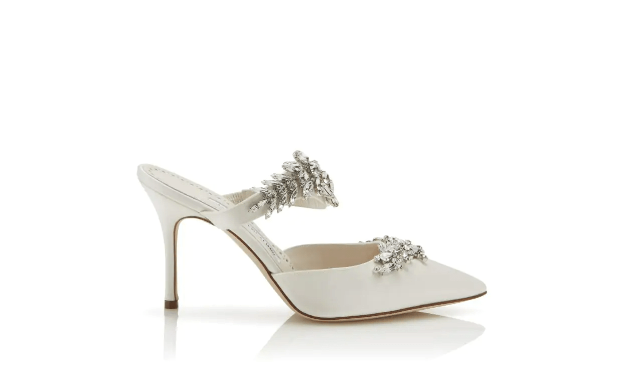 LURUM WHITE SATIN CRYSTAL EMBELLISHED MULES