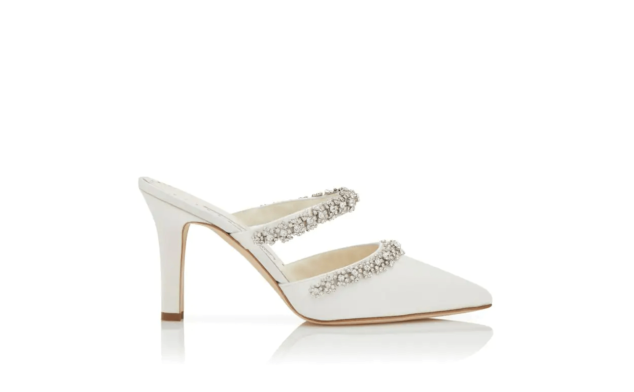 VEDADAMU CREAM SATIN CRYSTAL EMBELLISHED MULES 