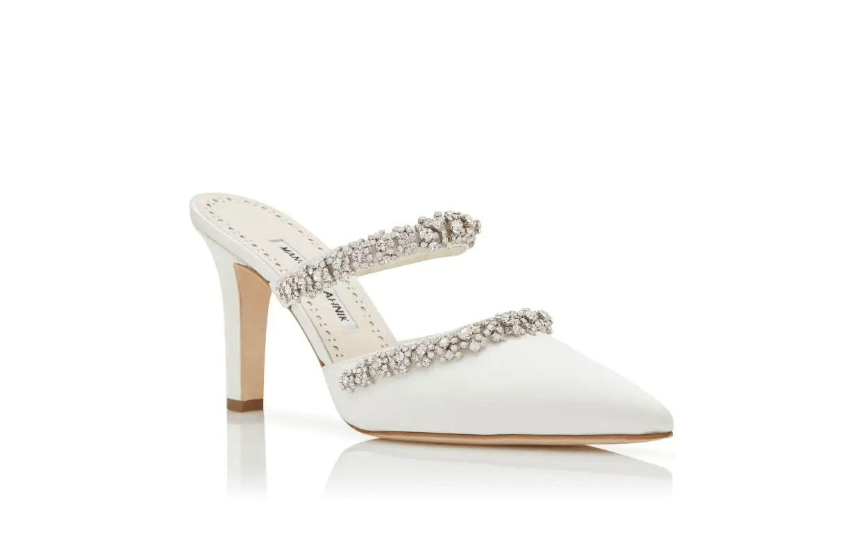 VEDADAMU CREAM SATIN CRYSTAL EMBELLISHED MULES 