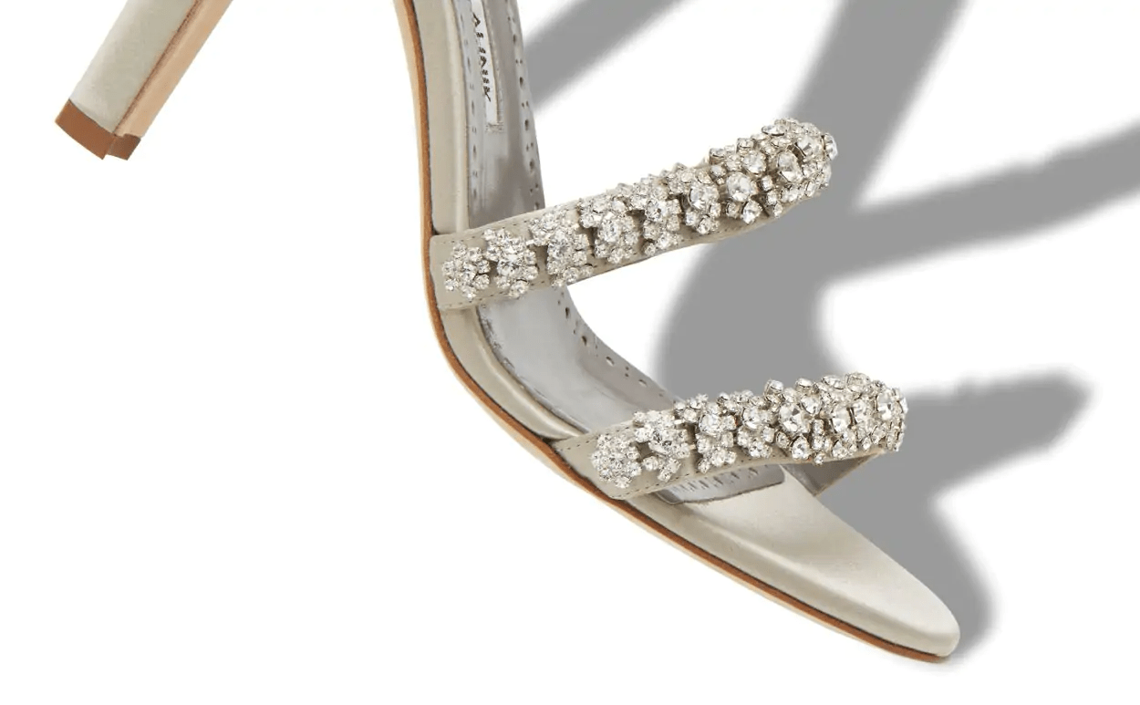 VEDADA LIGHT GREY SATIN CRYSTAL EMBELLISHED SANDALS