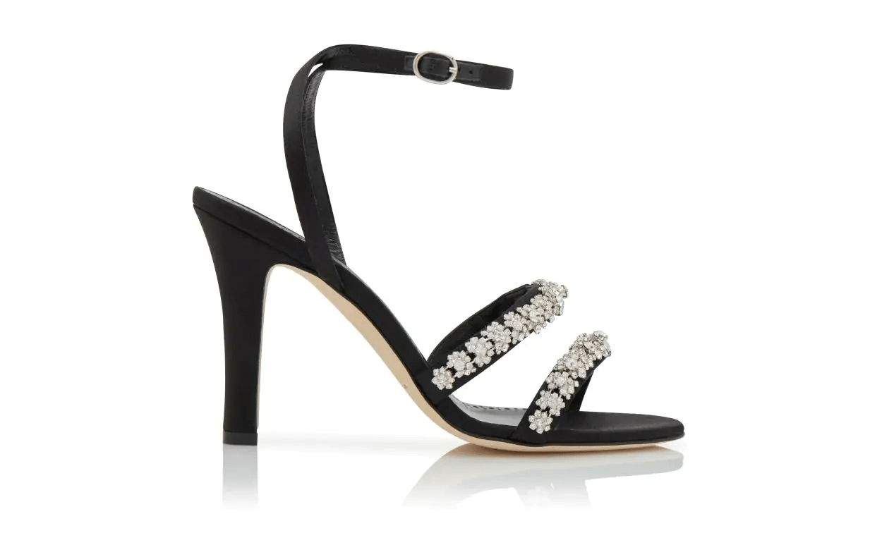 VEDADA BLACK SATIN CRYSTAL EMBELLISHED SANDALS 