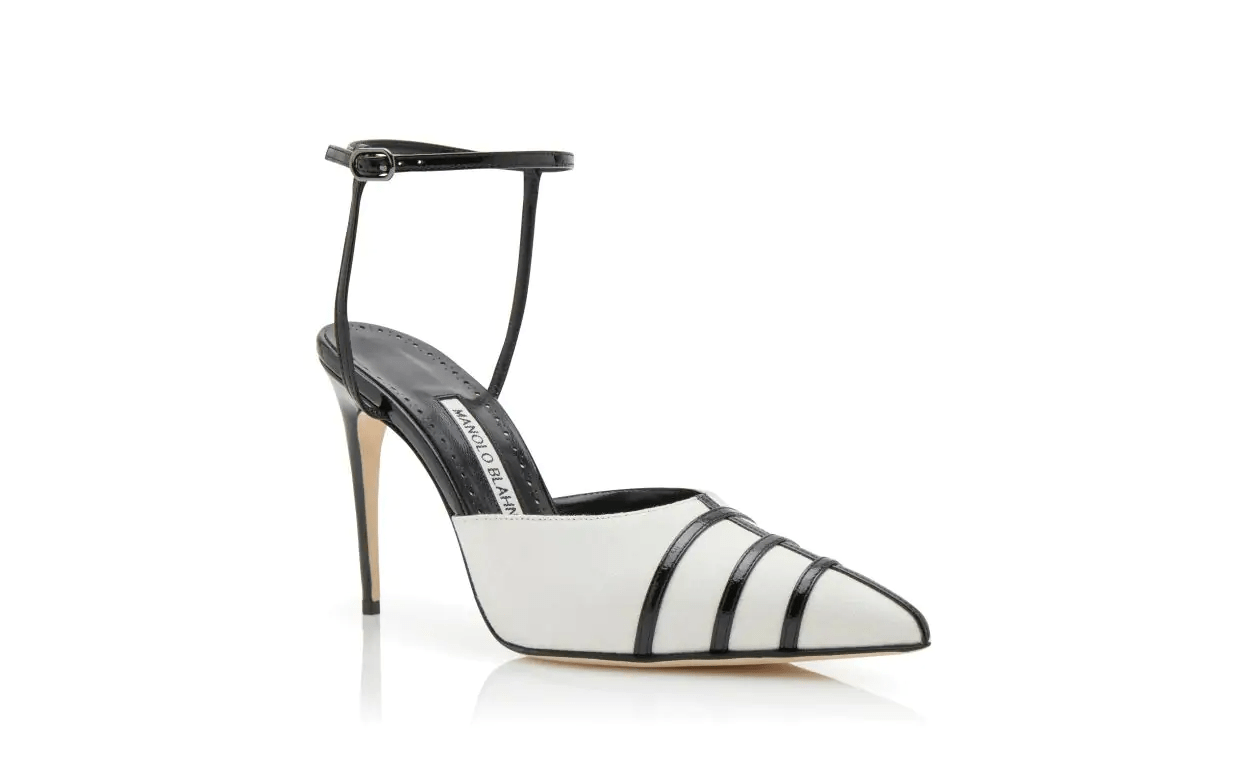 CETRO CREAM AND BLACK LINEN ANKLE STRAP PUMPS