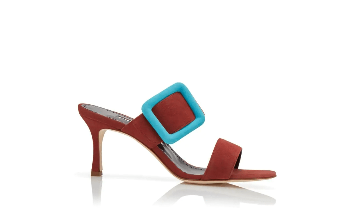 GABLE RED AND LIGHT BLUE SUEDE BUCKLE MULES 
