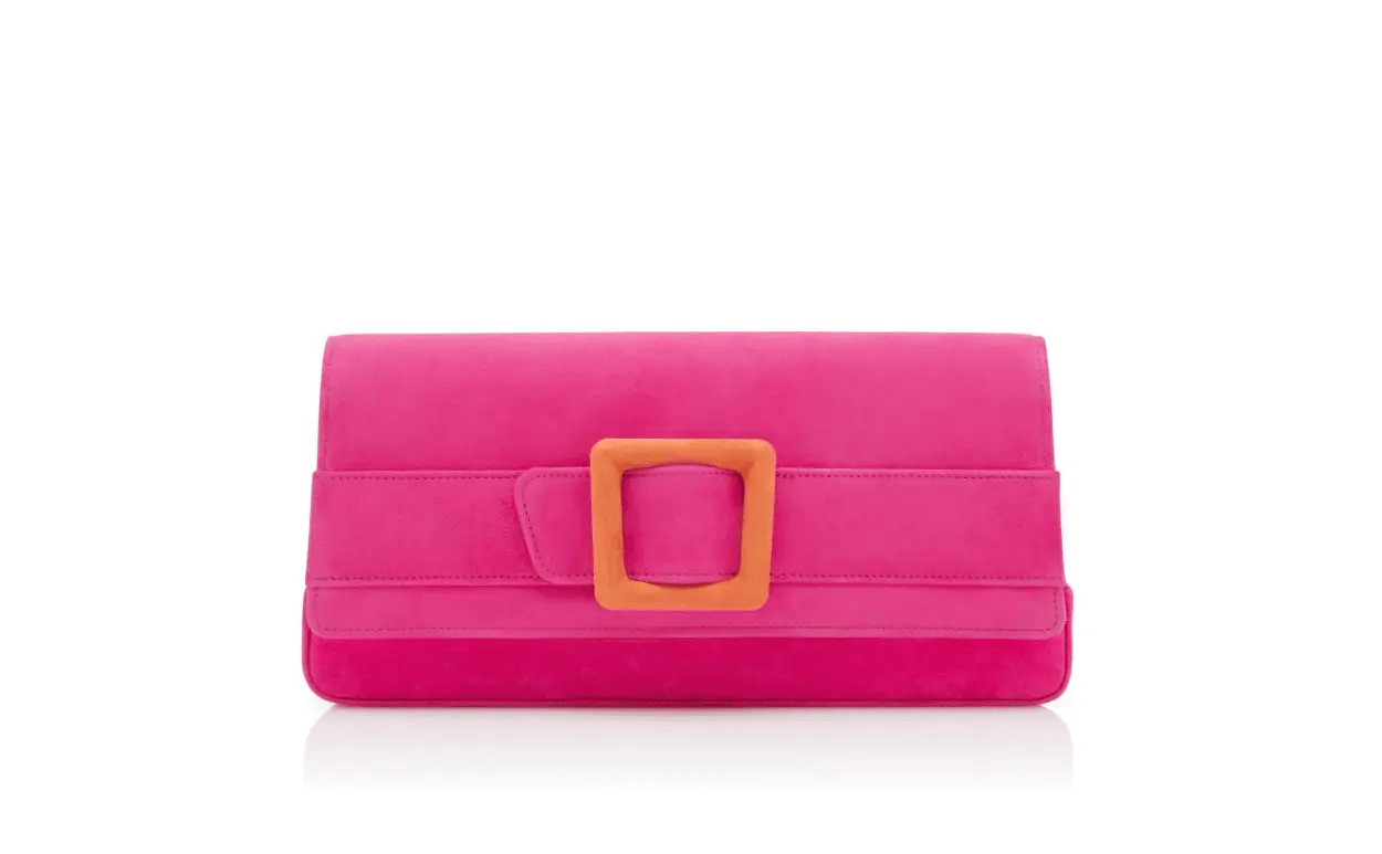 MAYGOT BRIGHT PINK AND ORANGE SUEDE BUCKLE CLUTCH