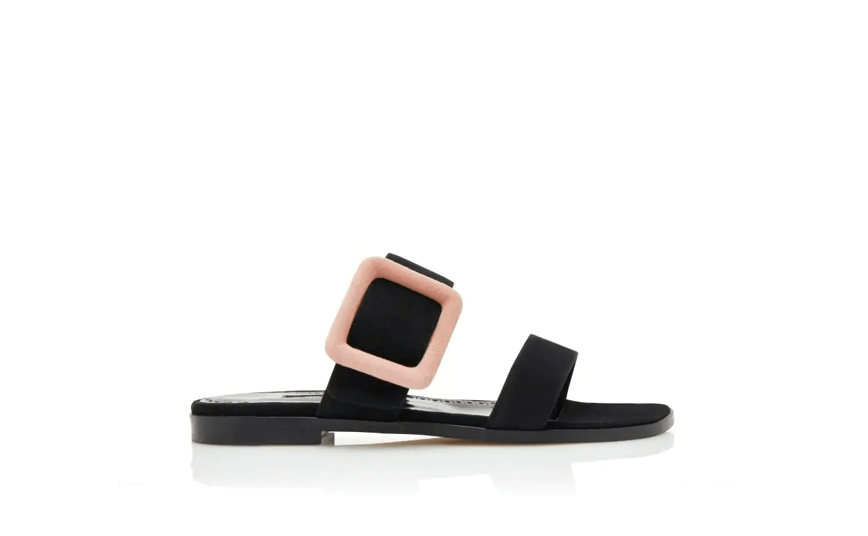 TITUBAFLATBI BLACK AND LIGHT BEIGE SUEDE BUCKLE FLAT MULES