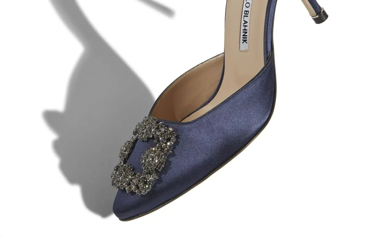 HANGISIMU NAVY BLUE SATIN JEWEL BUCKLE MULES