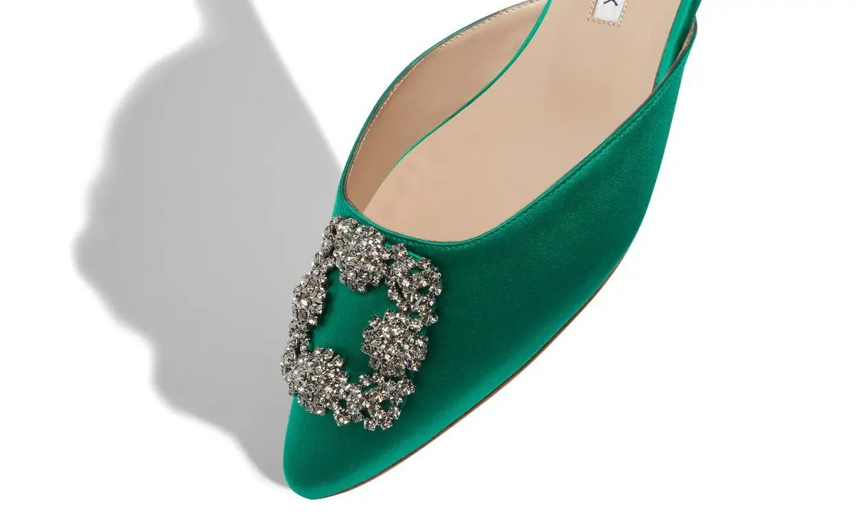 HANGISIMUFLAT GREEN SATIN JEWEL BUCKLE FLAT MULES