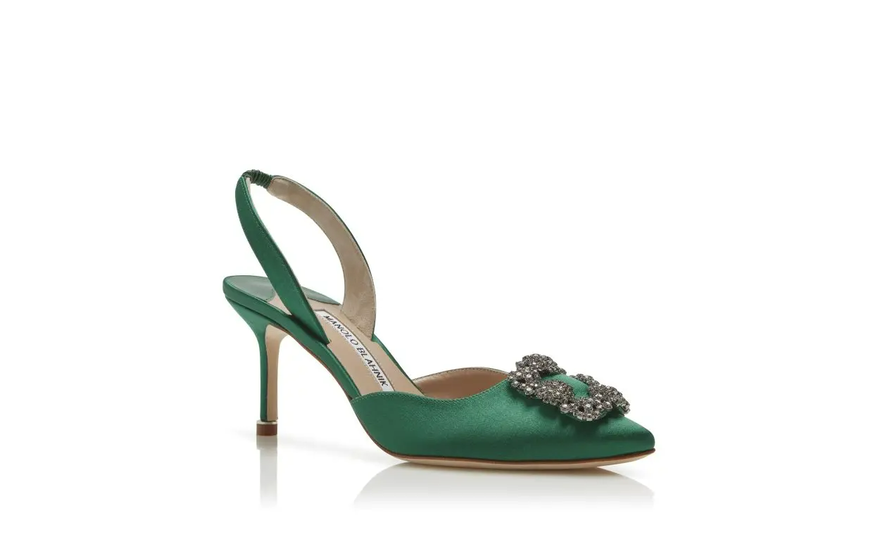 HANGISLI GREEN SATIN JEWEL BUCKLE SLINGBACK PUMPS 