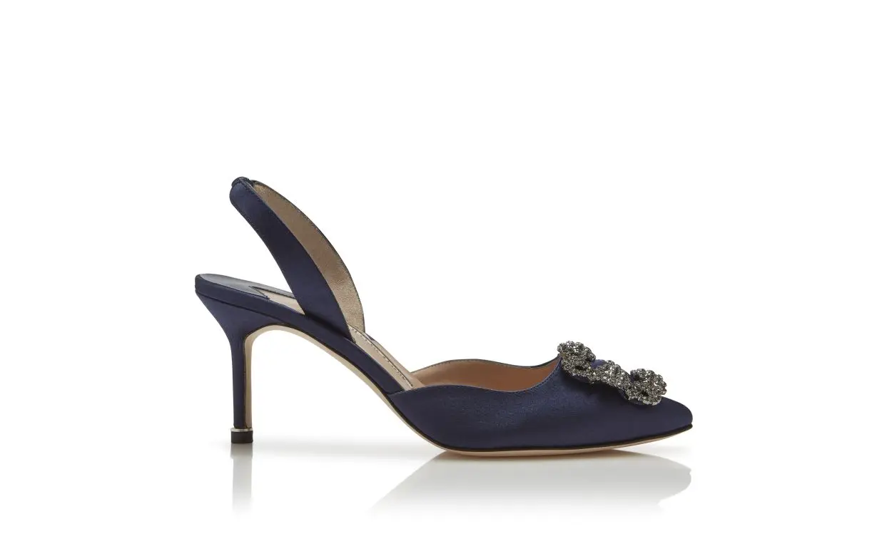 HANGISLI Navy Blue Satin Jewel Buckle Slingback Pumps