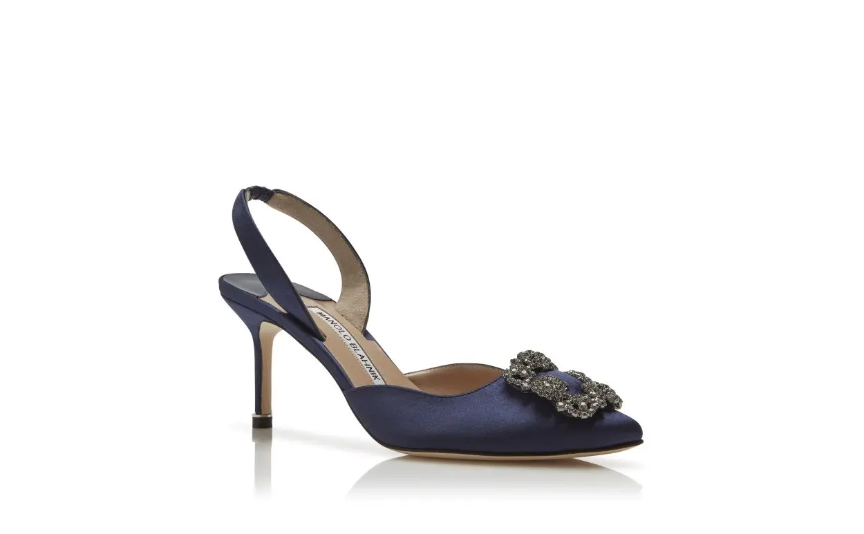 HANGISLI Navy Blue Satin Jewel Buckle Slingback Pumps
