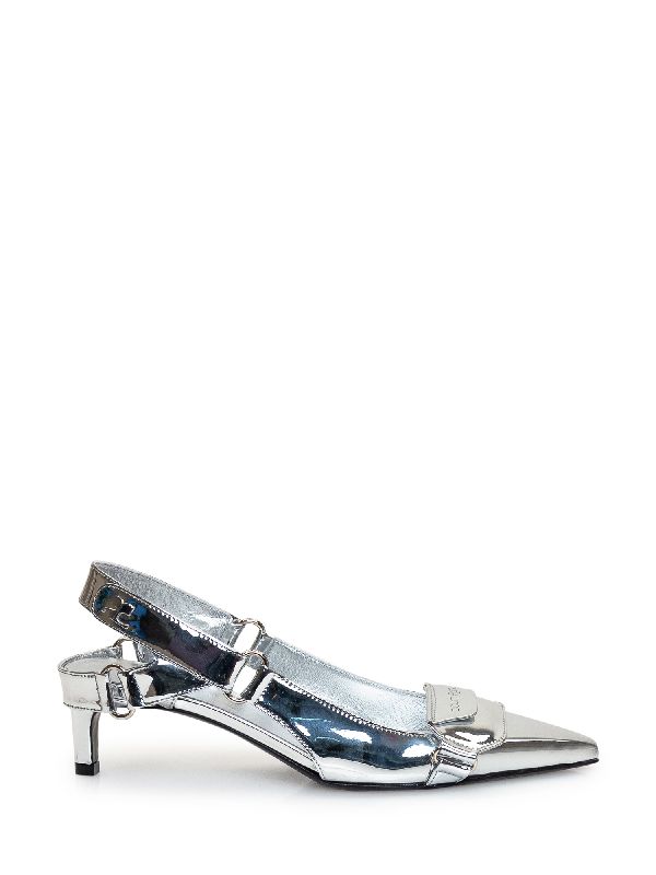 silver patent logo racer slingback heels
