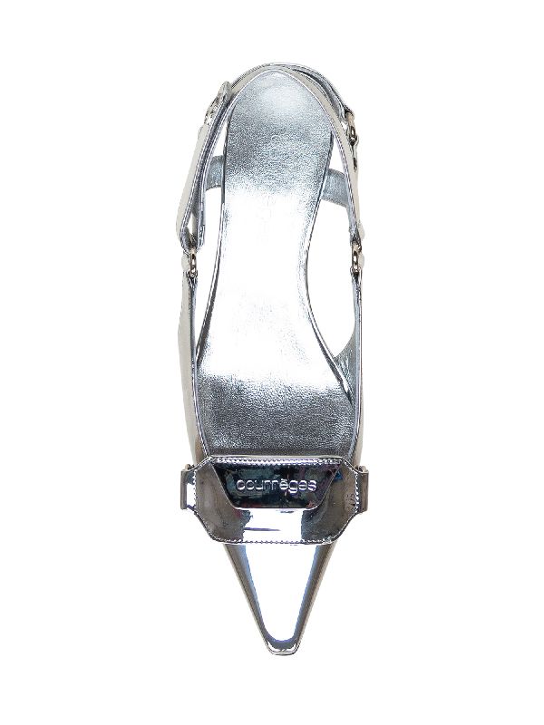 silver patent logo racer slingback heels
